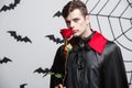 Vampire Halloween Concept - Portrait of handsome caucasian Vampire holding red beautiful rose. Royalty Free Stock Photo