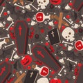 Vampire icons in seamless pattern, vector illustration. Halloween symbols, pumpkin, coffin, blood vials and bats. Set of Royalty Free Stock Photo