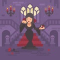 Vampire lady in a black dress with a glass of wine or blood Royalty Free Stock Photo