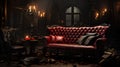 Vampire living room interior with red leather sofa, candles and old book.