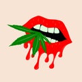 Vampire mouth with a cannabis leaf.