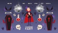 Vampire party invitation, halloween costumes website design, vector illustration. Landing page template, vampire Dracula