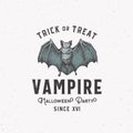 Vampire Party Vintage Style Halloween Logo or Label Template. Colored Hand Drawn Bat Sketch Symbol with Retro Typography