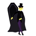 A vampire in a suit, cloak and hat. Halloween illustration in cartoon childish style. The bloodsucker is very charming. Royalty Free Stock Photo