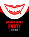 Vampire teeth and blood. Horror night party, halloween concept.