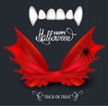 Vampire teeth and red bow tie. Halloween background