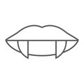 Vampire teeth thin line icon, female and mouth, lips sign, vector graphics, a linear pattern on a white background. Royalty Free Stock Photo