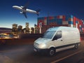 Fast van on road delivering at night with cargo and airplane in background. 3D Rendering Royalty Free Stock Photo