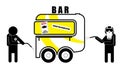 Van, bar on wheels closed and undergoes disinfection. Illustration in a linear style. Isolated vector on white background