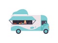 Van Bus Shop with Fast Food and Seller, Food Transport for Street Market Vector Illustration
