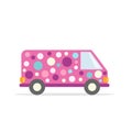 Car clowns. Party van. Vehicles in bright colors. Flat style. Vector graphics.