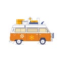 Van car with baggage and surfboard on a roof.Flat vector summer travel concept