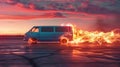 The van with flaming tires.AI generated image Royalty Free Stock Photo