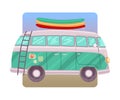 Van go on a summer adventure. Mobile home, surfing vacation. Sticker design, summer emblem, vector flat drawing.