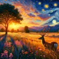 Van Gogh painting art of a deer in a field, with beautiful flower, tree, digital art, william harris inspired, breathtaking