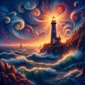 Van Gogh painting art of a lighthouse, with huricane winds, stormy, hokusai waves, twilight sky, seashore