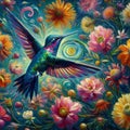 Van Gogh painting style with beautiful humingbird, amidst a vibrant explosion of flowers, colorful blooming petals, animal, nature