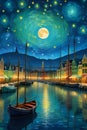 Van Gogh style painting of whimsical harbor and skyline, with moonlit night scenery, spring season, boat, starry sky, beautiful