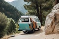van with hammock and book on the side of mountain road Royalty Free Stock Photo