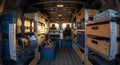 Interior of a work van with shelving units and storage bins filled with tools and equipment Royalty Free Stock Photo