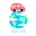 Van life concept. Campervan circling planet. Traveling across world. Earth in clouds. Red camper in movement. Lifestyle Royalty Free Stock Photo