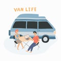 Couple sitting at the table near their campervan. Man and woman living in a van, enjoying their travel life. Hand drawn vector ill