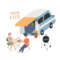 Couple sitting at the table near their campervan. Man and woman living in a van. Hand drawn vector illustration.
