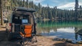 Van life, remote work by serene lake Royalty Free Stock Photo