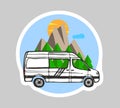 Van Life sticker. White van with forest and mountains in the background. Living van life, camping in the nature, travelling.