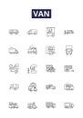 Van line vector icons and signs. Vehicle, Autos, Cargo, Delivery, Minivan, Transit, Vans, Minibuses outline vector