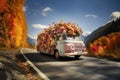Van loaded with flowers driving on a road, deliver gift of hope, dreams and positive thinking, imagination and inspiration, travel Royalty Free Stock Photo