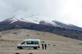 Van in a lot below the glacier on Cotopaxi Volcano