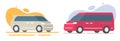 Van minivan car flat icon vector graphic illustration set, small minibus red yellow white color side front 3d view, cartoon Royalty Free Stock Photo