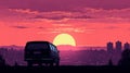 Silhouette Of Van In City With Sunset Backdrop Royalty Free Stock Photo