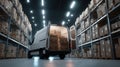 The van parked in a spacious warehouse filled with stacked boxes..AI generated image Royalty Free Stock Photo