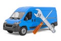 Van repair and service concept. Delivery van with screwdriver and wrench, 3D rendering