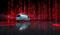Van staying static, binary and red symbols drifting, namespace sweeping, code scrolling Royalty Free Stock Photo