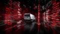 Van staying static, binary and red symbols drifting, namespace sweeping, code scrolling Royalty Free Stock Photo
