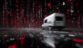 Van staying static, binary and red symbols drifting, namespace sweeping, code scrolling Royalty Free Stock Photo