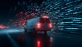 Van staying static, binary and red symbols drifting, namespace sweeping, code scrolling Royalty Free Stock Photo