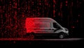 Van staying static, binary and red symbols drifting, namespace sweeping, code scrolling Royalty Free Stock Photo