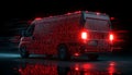 Van staying static, binary and red symbols drifting, namespace sweeping, code scrolling Royalty Free Stock Photo