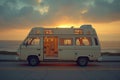 Van tiny homes parked in the road during sunset offering a cozy and mobile living space with a breathtaking view, tiny homes image Royalty Free Stock Photo