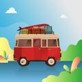 Van to the natural landscape. Travel on the nature background. vector illustration Royalty Free Stock Photo