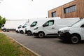 Van transportation truck park white Delivery Trucks in Warehouse distribution logistic Building Royalty Free Stock Photo