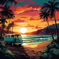 Van on a tropical sandy beach, palm trees and sea waves. Sunset colors, retro style. AI Royalty Free Stock Photo