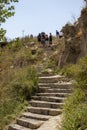 Van , Turkey 07.22.2021; people going down stairs in rural area. they go to nature.