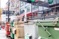 Vancouver, BC, Canada - 11/25/18: Industrial size garbage containers in Yaletown, Vancouver. Some are unlocked. On the street