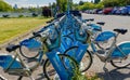 .Vancouver BC, Canada. June 2nd 2019 Row of Shaw To Go Mobi bike share stations in Kitsilano Vancouver British Columbia, Canada