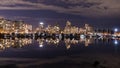 A night long exposure photo of marina inside Burrard Inlet of Vancouver Harbor with many docket boats Royalty Free Stock Photo